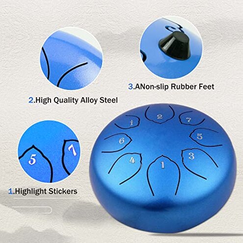 Steel Tongue Drum Kids Instrument: Musical Metal Tank Drums Set 6 Inch 8 Notes C-Key for Meditation Yoga Education Percussion with Bag, Music Book, Mallets, Finger Picks(Blue)