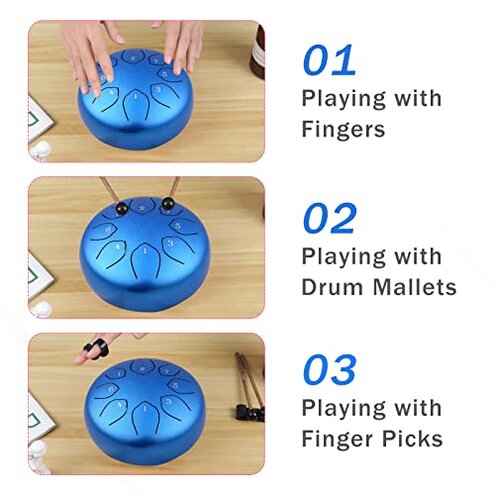 Steel Tongue Drum Kids Instrument: Musical Metal Tank Drums Set 6 Inch 8 Notes C-Key for Meditation Yoga Education Percussion with Bag, Music Book, Mallets, Finger Picks(Blue)