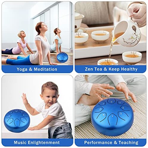 Steel Tongue Drum Kids Instrument: Musical Metal Tank Drums Set 6 Inch 8 Notes C-Key for Meditation Yoga Education Percussion with Bag, Music Book, Mallets, Finger Picks(Blue)