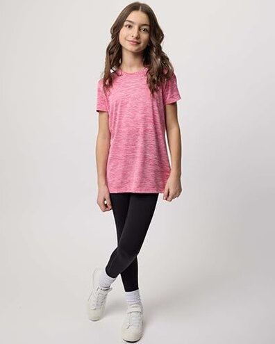 Real Essentials 5 Pack: Girls Short Sleeve Dry-Fit Crew Neck Active Athletic Performance T-Shirt - Set 2, LG (14)