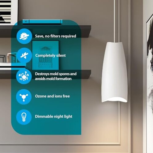 Airfree Lamp Silent Filterless Pendant Air Purifier, Dimmable light, Removes Mold, Prevents Mildew, Activable Capsules for Particles, Odors, VOCs. Remote, 450 sq ft, White