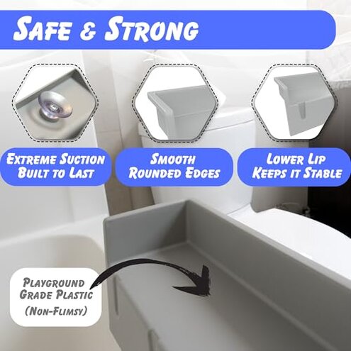 Tub Topper&reg; Bathtub Splash Guard & Bath Shelf for Kids &ndash; Toddler Bath Tray, Bath Toys Storage & Ledge Organizer &ndash; Splash Guard for Bathtub with Suction Cups &ndash; Kids Bathroom Accessories (Gray)