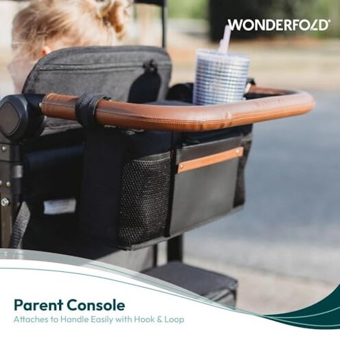 WONDERFOLD Parent Console Stroller Organizer with 4 Insulated Cup Holders, Hook and Loop Closure Handle Attachment, 2 Storage Pockets, and Removable Shoulder Strap for Easy Transport, Volcanic Black