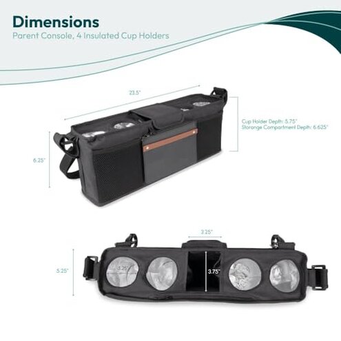 WONDERFOLD Parent Console Stroller Organizer with 4 Insulated Cup Holders, Hook and Loop Closure Handle Attachment, 2 Storage Pockets, and Removable Shoulder Strap for Easy Transport, Volcanic Black