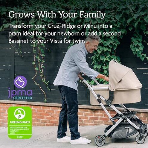 UPPAbaby Bassinet V3 - Compatible with Vista, Cruz, Ridge Strollers - Overnight Sleep Solution - Mattress, Sheet and Bug Shield Included - Evelyn (Meadow Green)