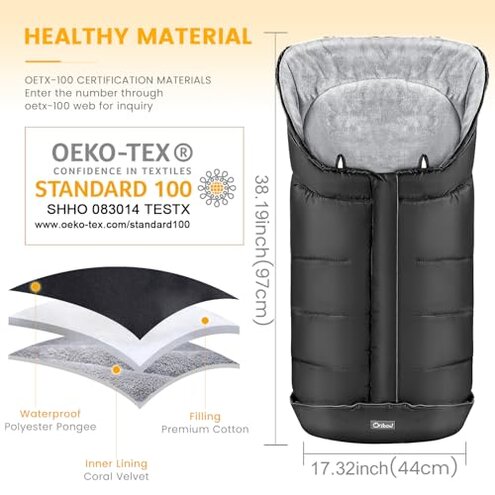 Orzbow Warm Bunting Bag Universal, Stroller Sleeping Bag Cold Weather, Waterproof Toddler Footmuff (Black, Large)