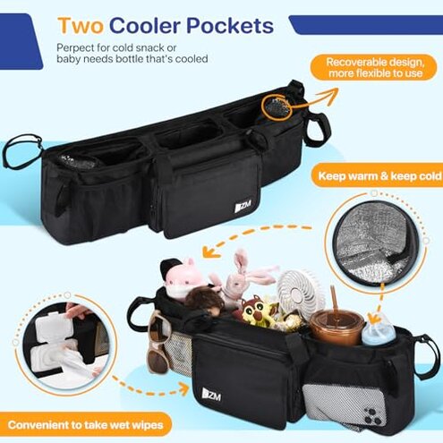 ZZM Double Stroller Organizer for Bob Duallie and Baby Jogger City Mini GT2, Double Baby Stroller Accessories with 2 Cooler Pockets, Parent Console Double Jogging Stroller Organizer(Empty Bag)