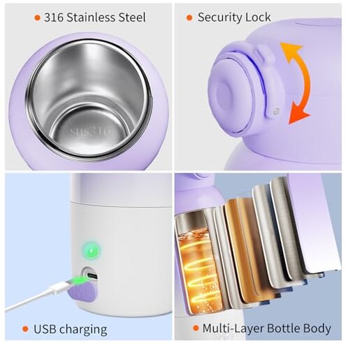 Portable Bottle Warmer for Travel - Large 12oz Capacity with Dual Heating Modes for Breast Milk & Water, Fast Heating Smart Temperature Control, Portable Milk Warmer Gifts for New Mom Purple