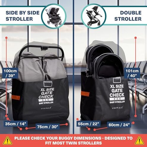 Bramble Extra Large Gate Check Stroller Bag for Airplane - Stroller Storage Bag (Black, 47", 600D Oxford Waterproof) - Double Stroller Travel Bag for Airplane, Baby Stroller Cover for Air Travel