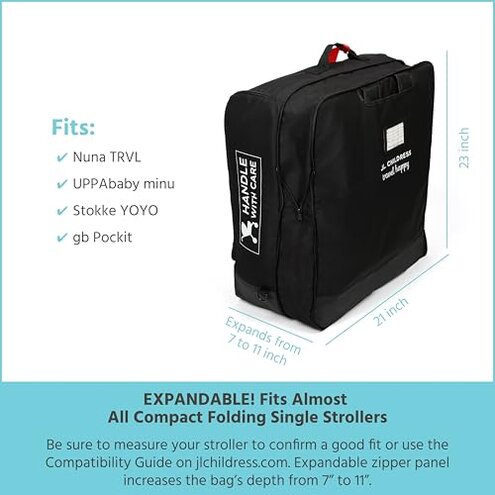 J.L. Childress Padded Compact Travel Stroller Bag for Airplane - Fits Most Compact-Fold Single Baby Strollers, AirTag Compatible, Black, Expands from 21"W x 23"H x 7"D to 21"W x 23"H x 11"D