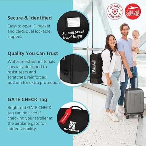J.L. Childress Padded Compact Travel Stroller Bag for Airplane - Fits Most Compact-Fold Single Baby Strollers, AirTag Compatible, Black, Expands from 21"W x 23"H x 7"D to 21"W x 23"H x 11"D