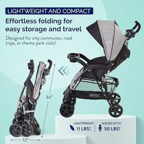 Kolcraft Cloud Plus Lightweight Umbrella Stroller for Toddlers with Reclining Seat, Large Storage Basket, Canopy, Infant & Parent Trays, Compact Fold for Summer Travel, Durable Frame, Slate Gray