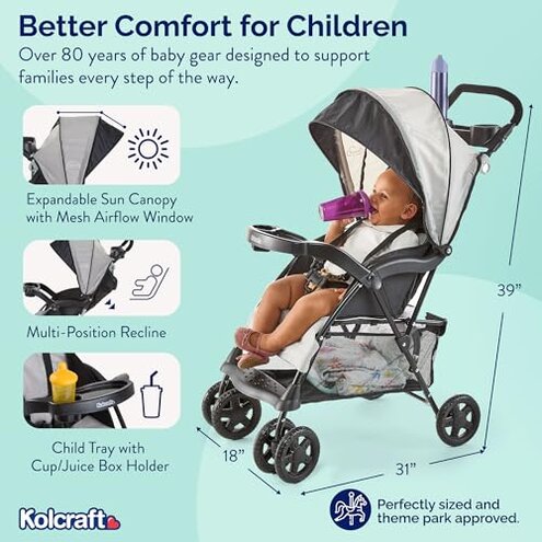Kolcraft Cloud Plus Lightweight Umbrella Stroller for Toddlers with Reclining Seat, Large Storage Basket, Canopy, Infant & Parent Trays, Compact Fold for Summer Travel, Durable Frame, Slate Gray