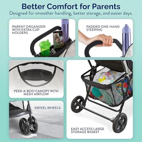 Kolcraft Cloud Plus Lightweight Umbrella Stroller for Toddlers with Reclining Seat, Large Storage Basket, Canopy, Infant & Parent Trays, Compact Fold for Summer Travel, Durable Frame, Slate Gray