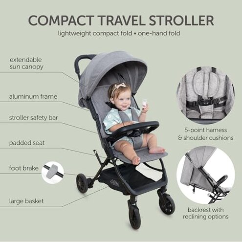 Lightweight Travel Stroller for Baby & Toddlers - Easy Fold & Compact Stroller with Canopy, Storage Basket, Multi-Position Recline & Convenient One-Hand Fold (Grey)
