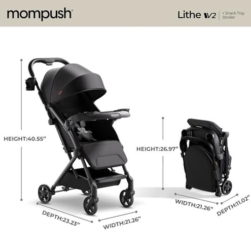 Mompush Lithe V2 Lightweight Travel Stroller, Compact Foldable Baby Stroller with Travel Bag, One-Hand Fold Stroller, Snack Tray, Mechanical Recline Seat, Airplane-Ready, UPF 50+ Canopy & Rain Cover