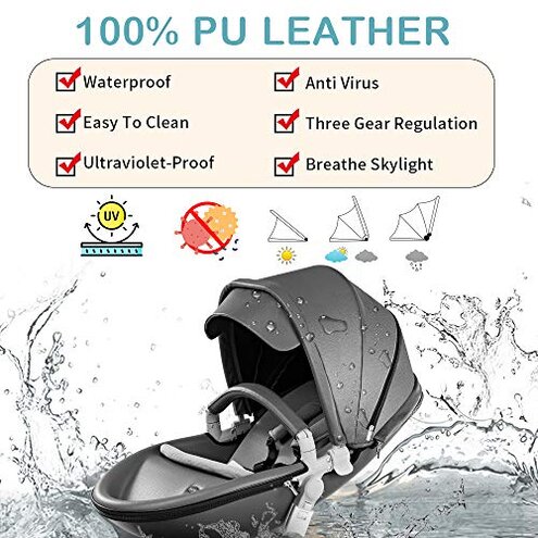 360 Degree Rotation Baby Stroller/Carriage, PU Leather Pushchair Pram, 2022 (F023) (F023 Black)