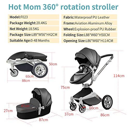 360 Degree Rotation Baby Stroller/Carriage, PU Leather Pushchair Pram, 2022 (F023) (F023 Black)