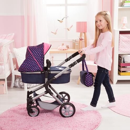 Bayer: Pram Neo City - Blue, Pink - Dolls Up to 20", Shoulder Bag, Convert to Jogger Pushchair, Foldable, Direction Changing, Kids Age 3+