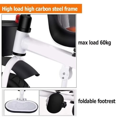 Reversible Seat Toddler Stroller Buggies, Children Pram with Canopy, High Back Guardrail and Belt, Parent Steering Tricycle Handle(White Grey,with Headlight)