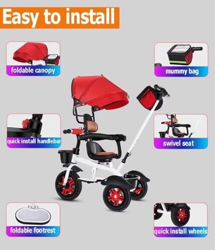 Reversible Seat Toddler Stroller Buggies, Children Pram with Canopy, High Back Guardrail and Belt, Parent Steering Tricycle Handle(White Grey,with Headlight)