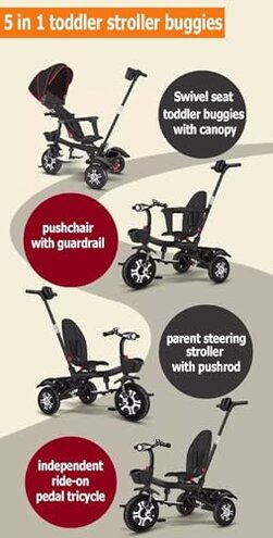 Folding Toddler Stroller Buggies, Parent Steering Tricycle with Pushrod, Children Pram Headlight and Shock Spring, Reversible Seat Guardrail Belt(Black Purple)