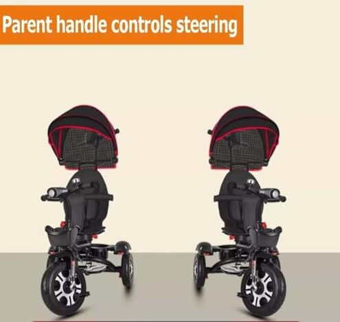 Folding Toddler Stroller Buggies, Parent Steering Tricycle with Pushrod, Children Pram Headlight and Shock Spring, Reversible Seat Guardrail Belt(Black Purple)