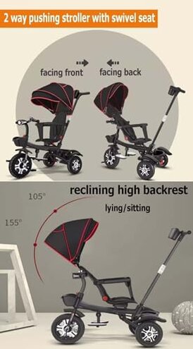 Folding Toddler Stroller Buggies, Parent Steering Tricycle with Pushrod, Children Pram Headlight and Shock Spring, Reversible Seat Guardrail Belt(Black Purple)