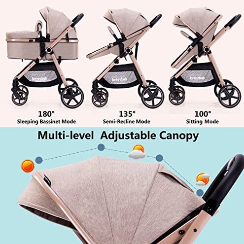Lortsybab 2-in-1 Baby Stroller - Folding Infant Newborn Pram Stroller with Reversible Seat - Toddler Strollers for 0-36 Months Old Babies (Beige)