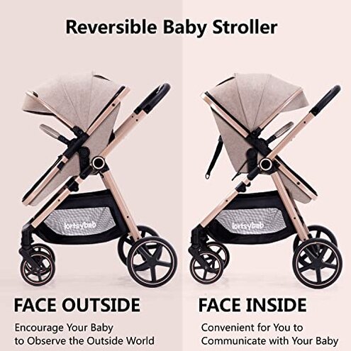 Lortsybab 2-in-1 Baby Stroller - Folding Infant Newborn Pram Stroller with Reversible Seat - Toddler Strollers for 0-36 Months Old Babies (Beige)