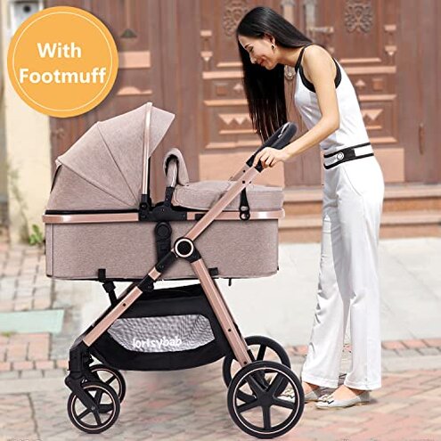 Lortsybab 2-in-1 Baby Stroller - Folding Infant Newborn Pram Stroller with Reversible Seat - Toddler Strollers for 0-36 Months Old Babies (Beige)