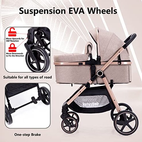 Lortsybab 2-in-1 Baby Stroller - Folding Infant Newborn Pram Stroller with Reversible Seat - Toddler Strollers for 0-36 Months Old Babies (Beige)