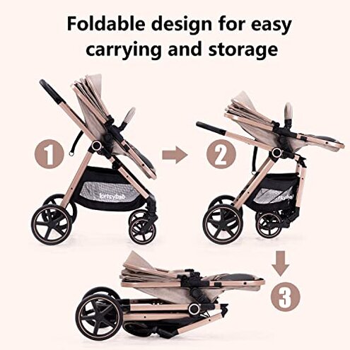 Lortsybab 2-in-1 Baby Stroller - Folding Infant Newborn Pram Stroller with Reversible Seat - Toddler Strollers for 0-36 Months Old Babies (Beige)
