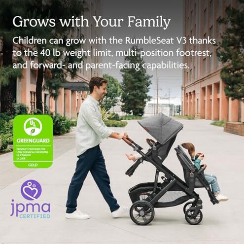 UPPAbaby RumbleSeat V3 Second Lower Seat - Compatible with Vista V2 and Vista V3 - All-Weather Seat + Magnetic Buckle &ndash; Adapters Included - Greyson (Charcoal M&eacute;lange/Carbon Frame/Saddle Leather)