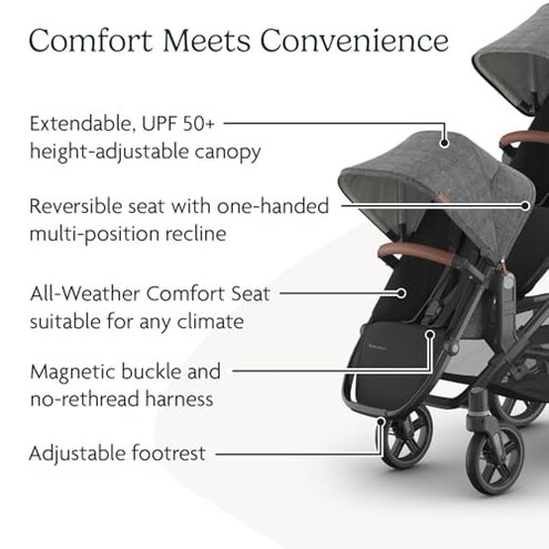 UPPAbaby RumbleSeat V3 Second Lower Seat - Compatible with Vista V2 and Vista V3 - All-Weather Seat + Magnetic Buckle &ndash; Adapters Included - Greyson (Charcoal M&eacute;lange/Carbon Frame/Saddle Leather)