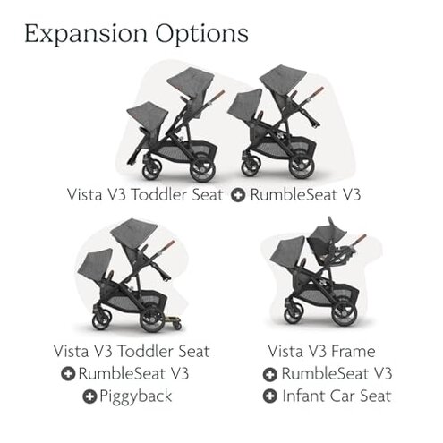 UPPAbaby RumbleSeat V3 Second Lower Seat - Compatible with Vista V2 and Vista V3 - All-Weather Seat + Magnetic Buckle &ndash; Adapters Included - Greyson (Charcoal M&eacute;lange/Carbon Frame/Saddle Leather)