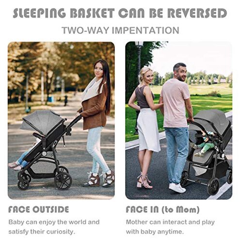 BABY JOY Baby Stroller, 2 in 1 Convertible Carriage Bassinet to Stroller, Pushchair with Foot Cover, Cup Holder, Large Storage Space, Wheels Suspension, 5-Point Harness (Gray)