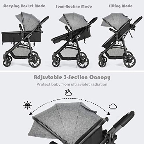 BABY JOY Baby Stroller, 2 in 1 Convertible Carriage Bassinet to Stroller, Pushchair with Foot Cover, Cup Holder, Large Storage Space, Wheels Suspension, 5-Point Harness (Gray)