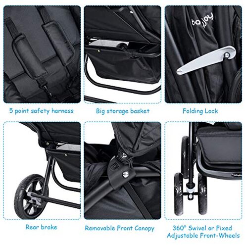 BABY JOY Double Stroller, Foldable Lightweight Twin Stroller with Tandem Seating, Adjustable Backrest/Canopy/Footrest, 5-Point Harness, Storage Basket, Newborn and Toddler (Black)