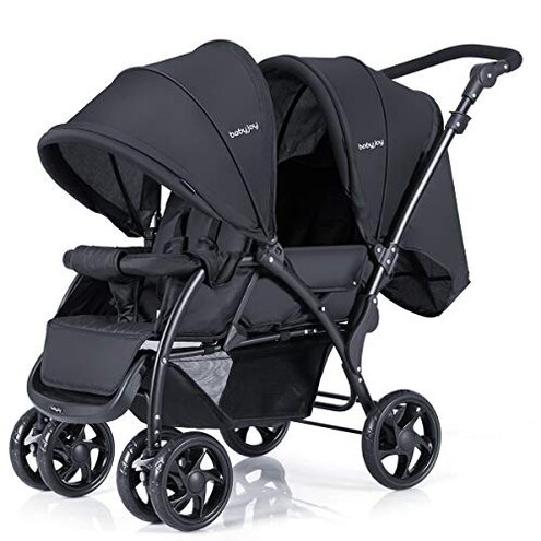 BABY JOY Double Stroller, Foldable Lightweight Twin Stroller with Tandem Seating, Adjustable Backrest/Canopy/Footrest, 5-Point Harness, Storage Basket, Newborn and Toddler (Black)