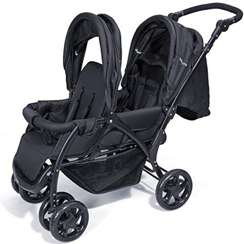 BABY JOY Double Stroller, Foldable Lightweight Twin Stroller with Tandem Seating, Adjustable Backrest/Canopy/Footrest, 5-Point Harness, Storage Basket, Newborn and Toddler (Black)