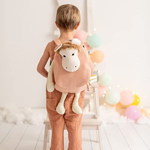 CROCHETTS | Children's backpack from 2 to 5 years old for nursery Monito crocheted with hypoallergenic cotton wool. Double zipper closure and adjustable handles. Pink and white colours, pink, white