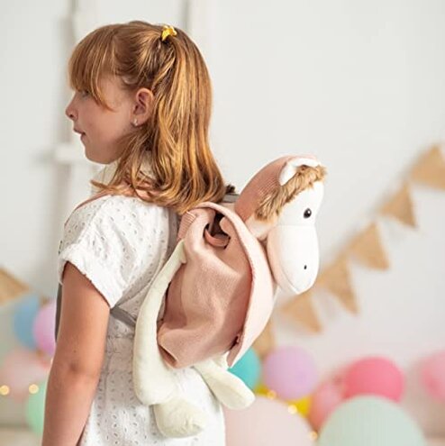 CROCHETTS | Children's backpack from 2 to 5 years old for nursery Monito crocheted with hypoallergenic cotton wool. Double zipper closure and adjustable handles. Pink and white colours, pink, white