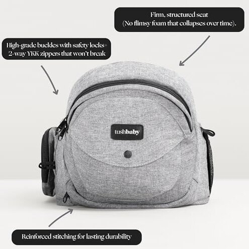 Tushbaby Ergonomic Hip Seat Carrier- for Babies and Toddlers 0-3yrs, Safety Approved, Structured Support, Convenient Pockets, Feeding Aid, Durable YKK Zippers, Foam-Free Build, (Grey)