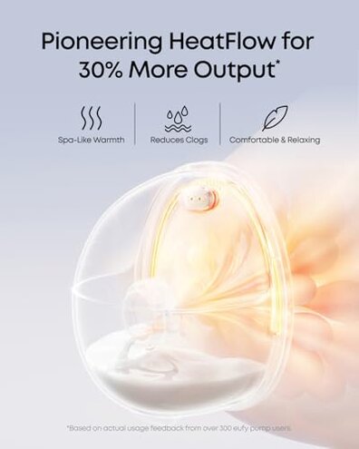 eufy Security Heated Breast Pump Hands-Free E20, Wearable with Innovative HeatFlow, 3 Heat Levels, Optimized Rhythm via App, Hospital-Grade Suction, Leakproof, Ultra-Slim and Quiet for in-Bra Use