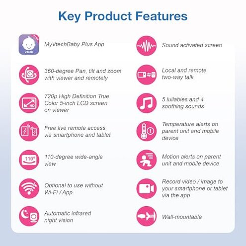 VTech Upgraded Smart WiFi Baby Monitor, 1080p FHD Camera and 5" HD IPS Display, Free App with Motion Video, Sound/Motion Detection and Notifications, Fully Remote Pan-Tilt-Zoom: VM901