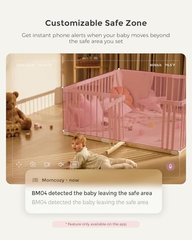 Momcozy Smart WiFi Baby Monitor with Camera and Audio, 5" 1080P Screen with Wall Mount, Motion & Cry Detection, Safe Fence, Clear Night Vision, 5000mAh Battery, 2-Way Talk, Photo & Video Recording