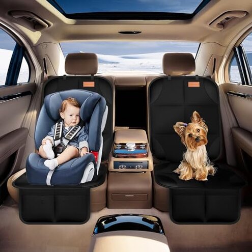 Car Seat Protector, Large Auto Protector for Child Seats with Thickest Padding and Non-Slip Backing Mesh Pockets for SUV, Sedan, Truck, Leather and Fabric - Black