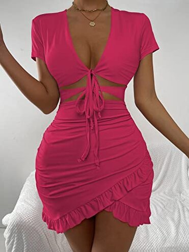 HAZURE ROLVK Women's Casual Dresses Tied Cutout Front Ruffle Trim Wrap Hem Dress Charming Mystery Special Beautiful (Color : Hot Pink, Size : Large)