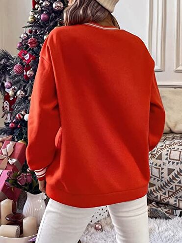 Christmas Slogan Graphic Striped Trim Pullover (Color : Red, Size : Large)